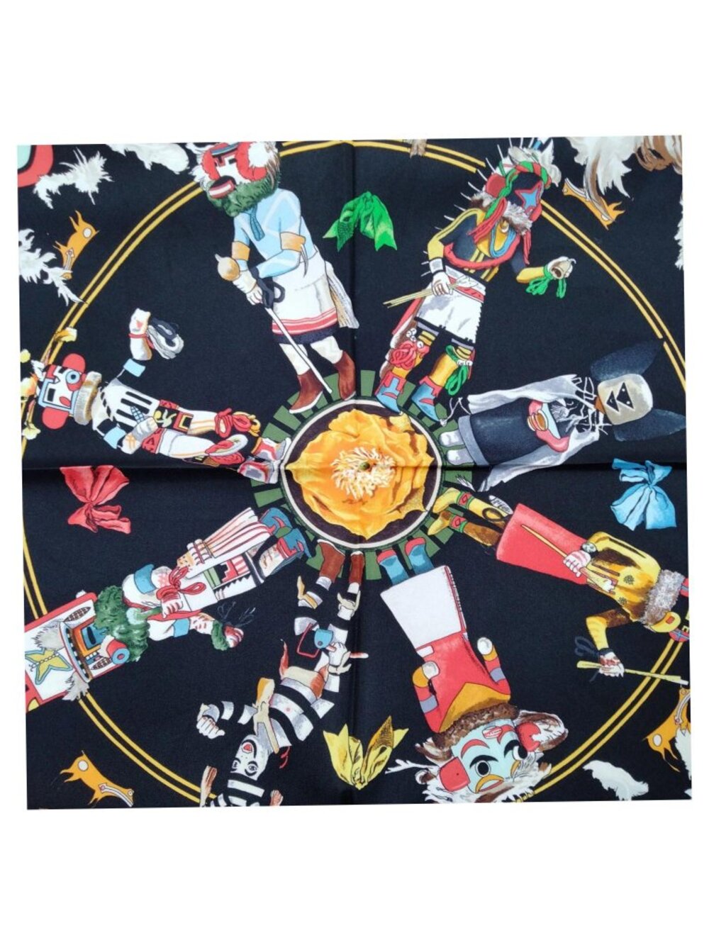 Authentic Hermès Kachinas Carré 90 Silk Scarf Black Multicolor - Picture 4 of 10